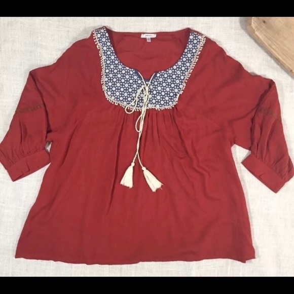 Jodifl Boho denim Burnt Orange Cottagecore Hippie Tassel Juliet Sleeve Top Sz S - Picture 1 of 5